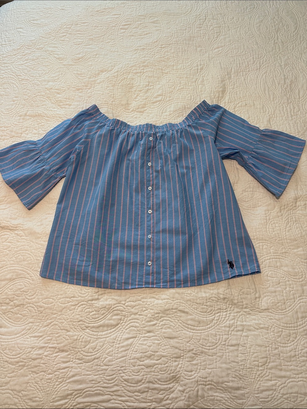 U.S. Polo Assn. Blue and Pink Striped Off the Shoulder Shirt